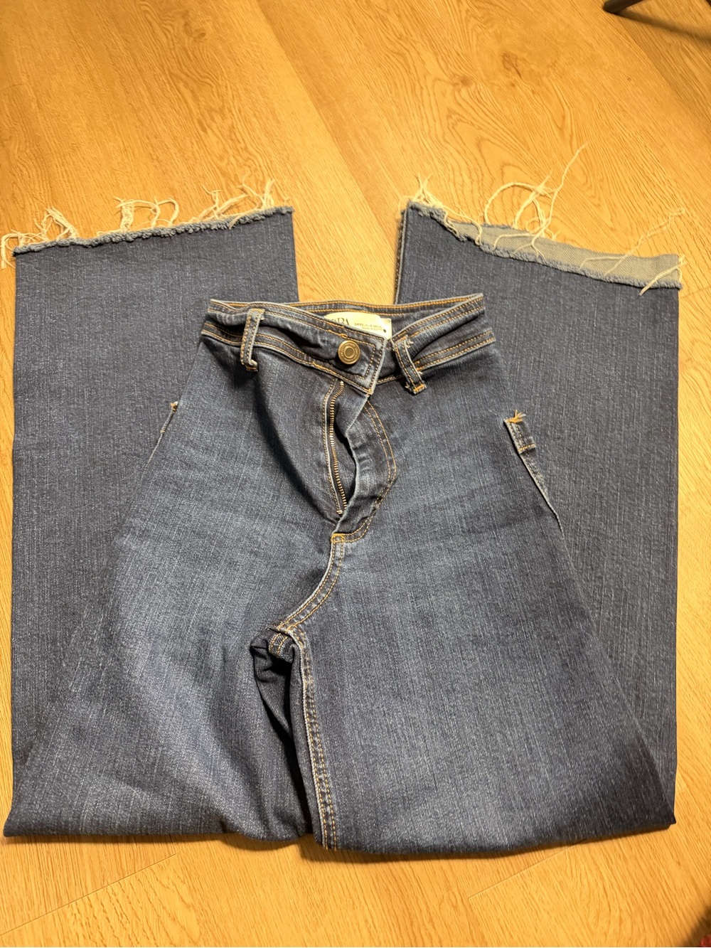 Zara Dark Blue Wide-Leg High-Rise Jeans with Raw Hem